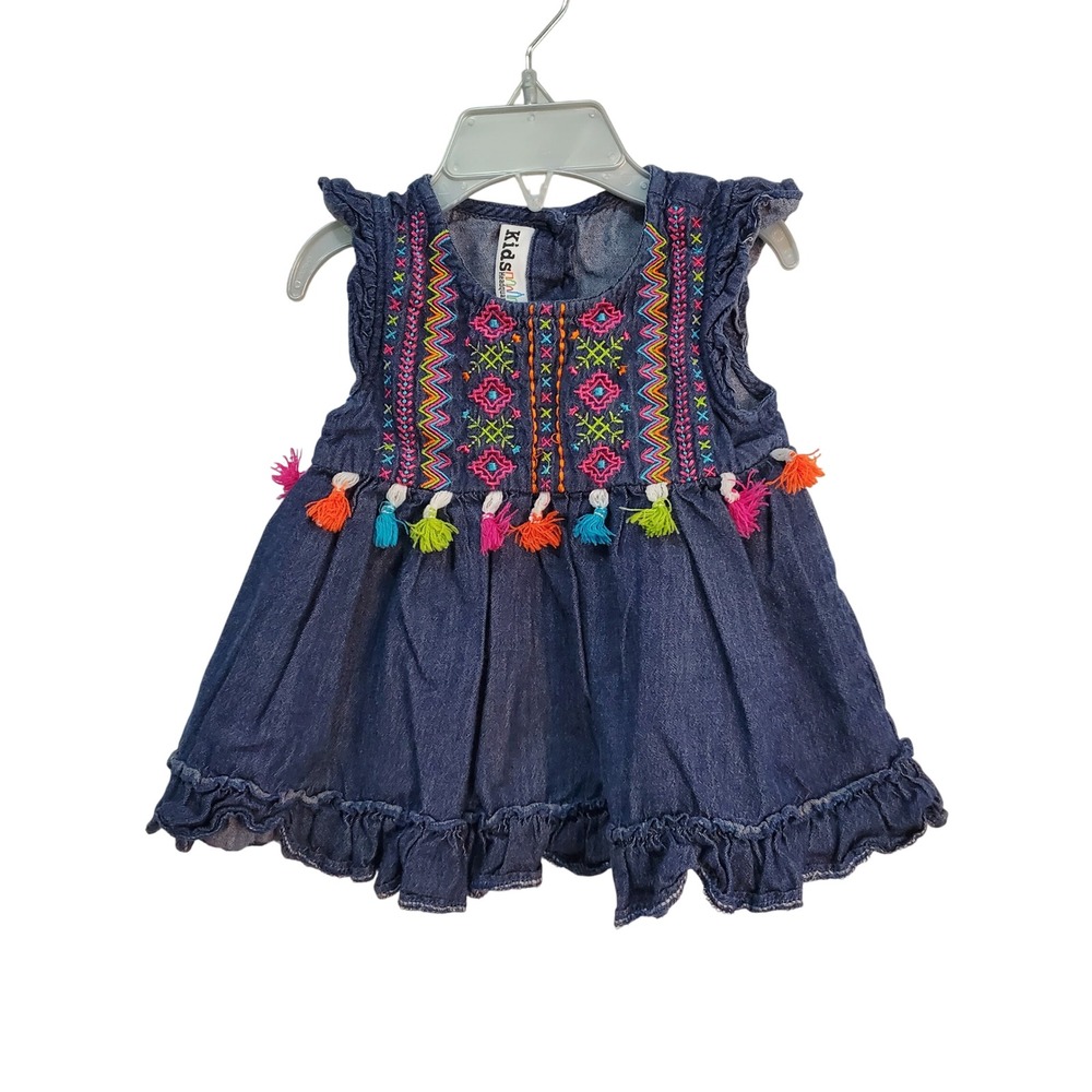 Kids Headquarters Denim Babydoll Colorful Tassels Ruffle Sleeves‎ Top Size 24M - Picture 2 of 6